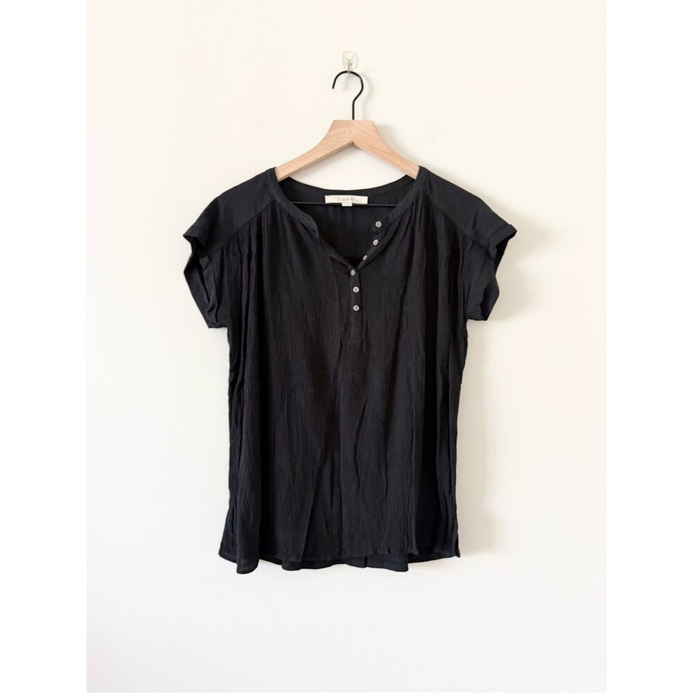 LOFT Black Short-Sleeve Henley with Button Placket Textured Knit Size S